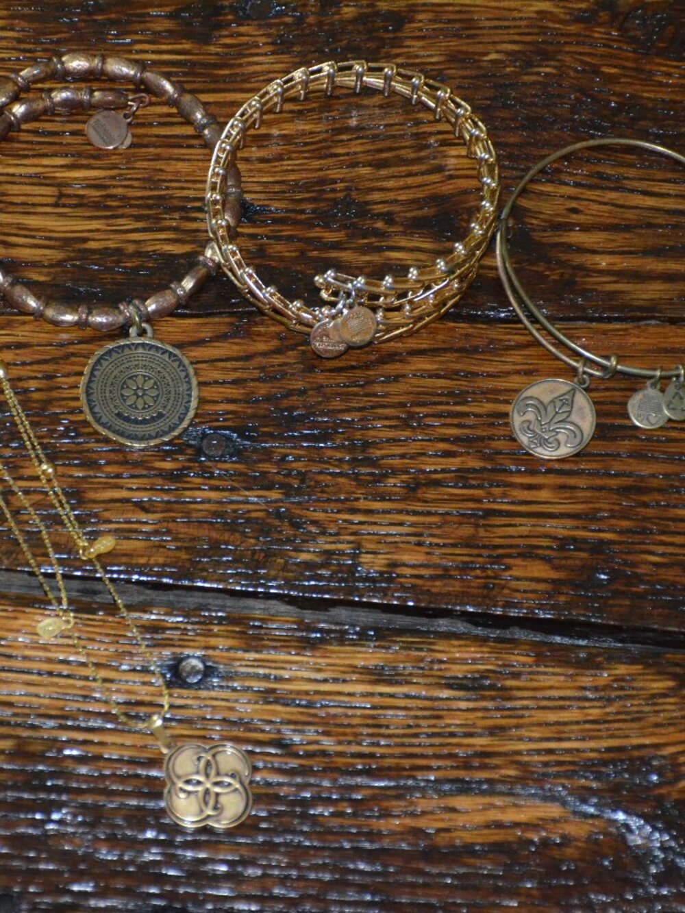 Lot of Alex & Ani adjustable gold tone bracelets and necklace